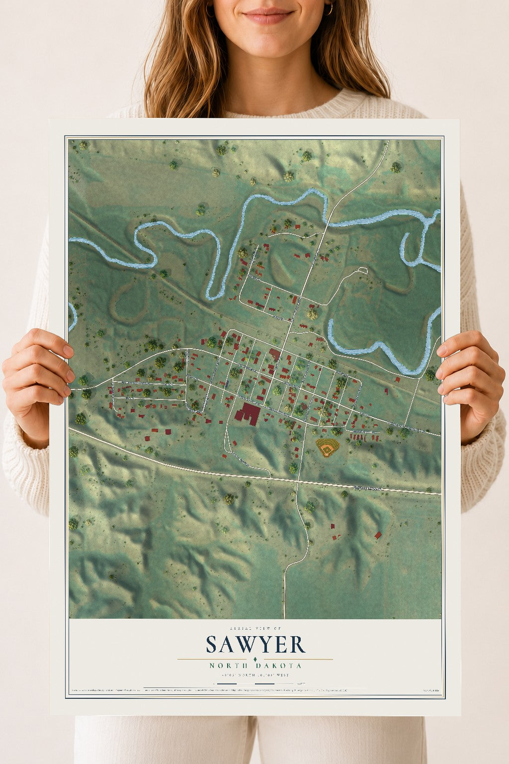 Map of Sawyer, North Dakota, 18 x 24 inch unframed archival matte print