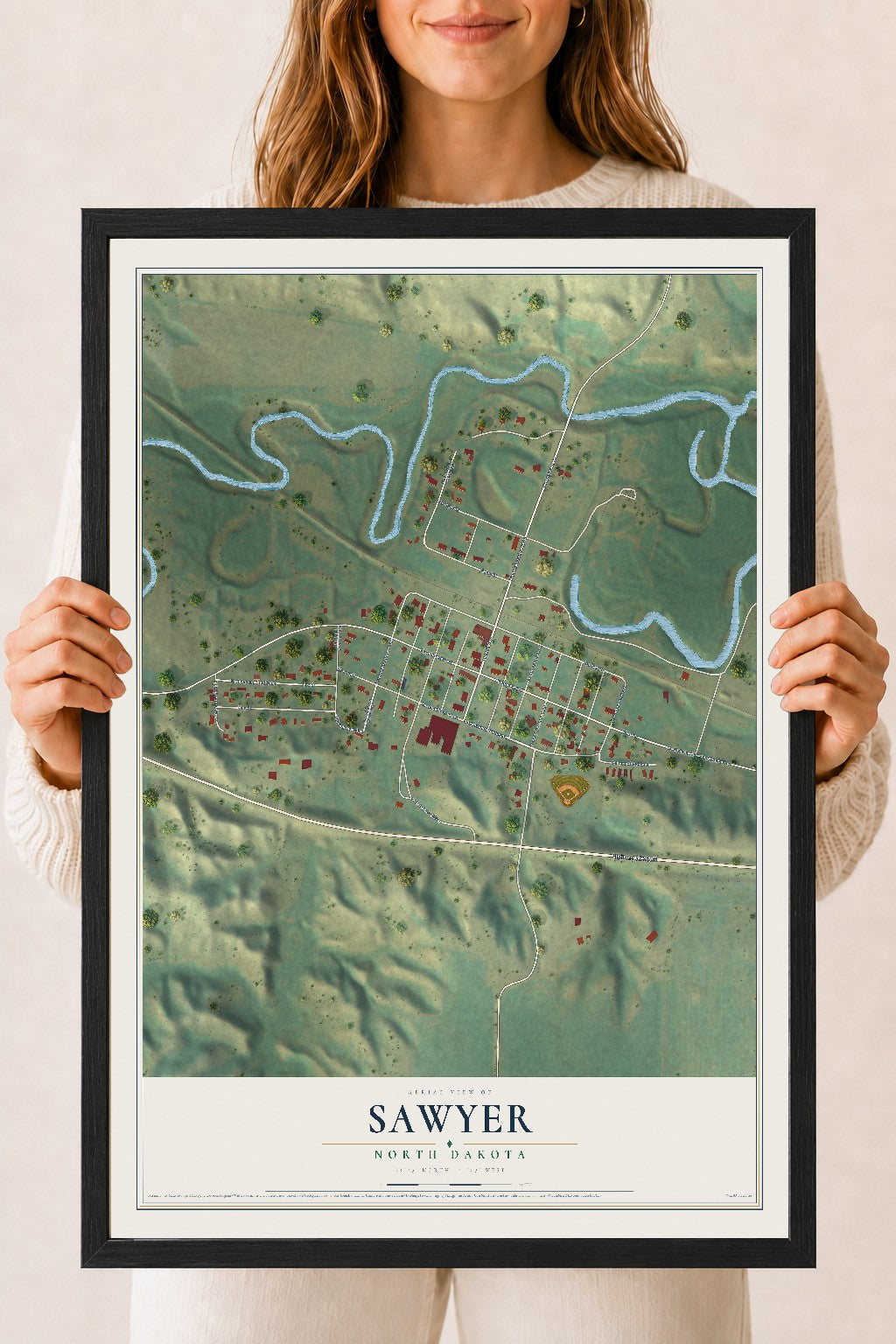 Map of Sawyer, North Dakota, 18 x 24 inch print in a black wood frame