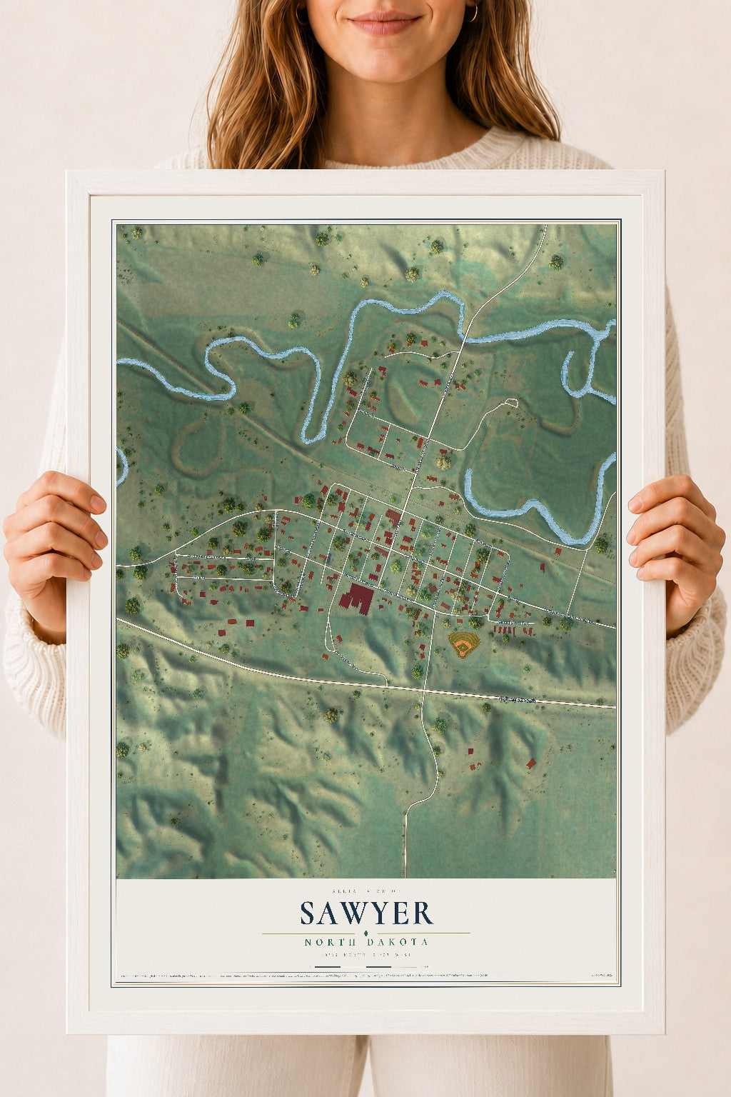 Map of Sawyer, North Dakota, 18 x 24 inch print in a white wood frame