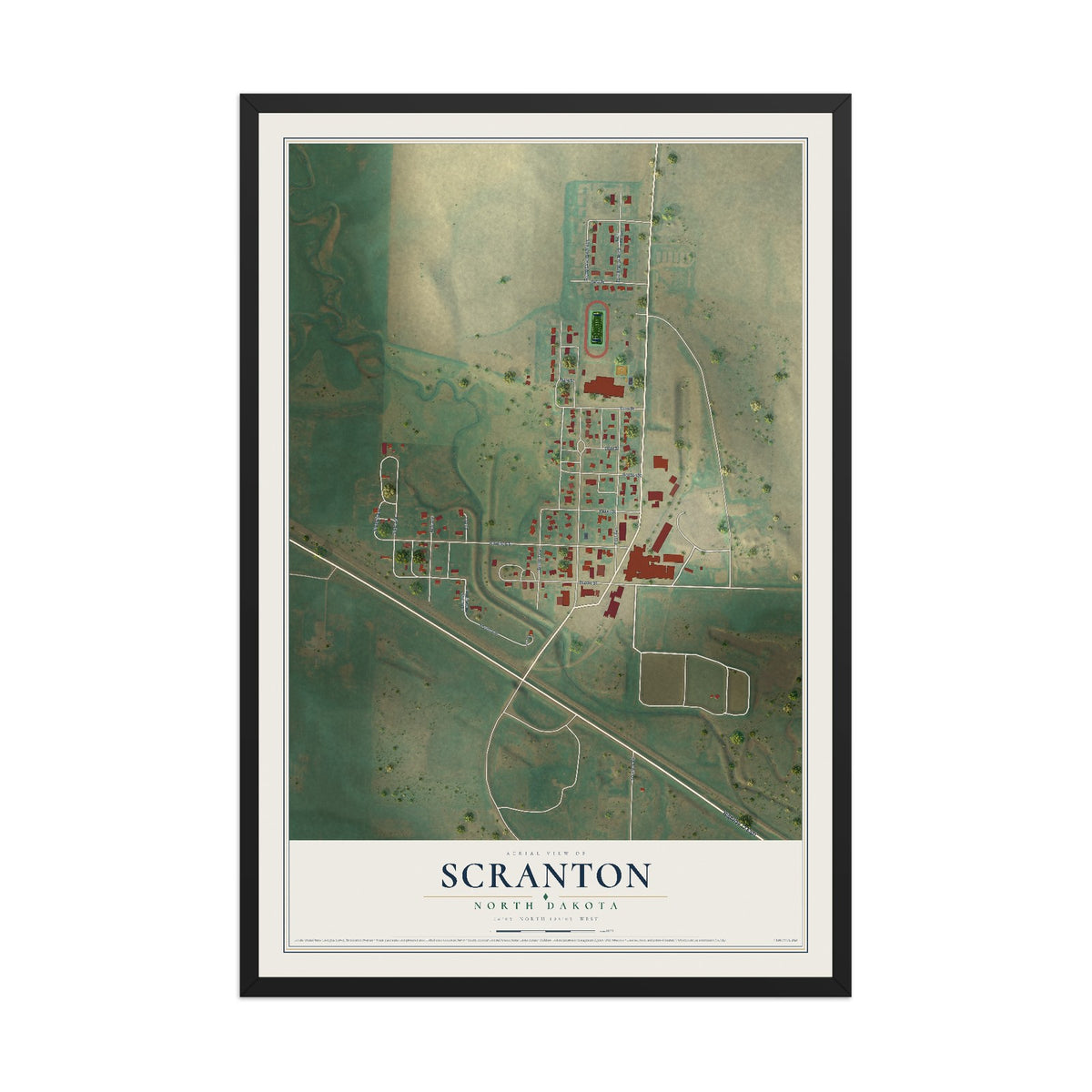 Map of Scranton, North Dakota, 12 x 18 inch print in a black wood frame