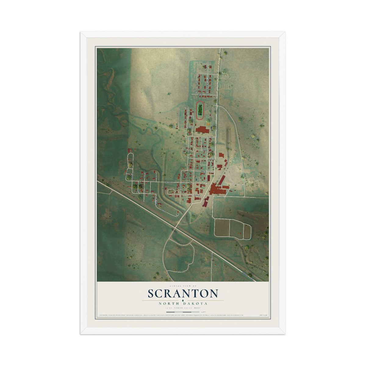Map of Scranton, North Dakota, 12 x 18 inch print in a white wood frame