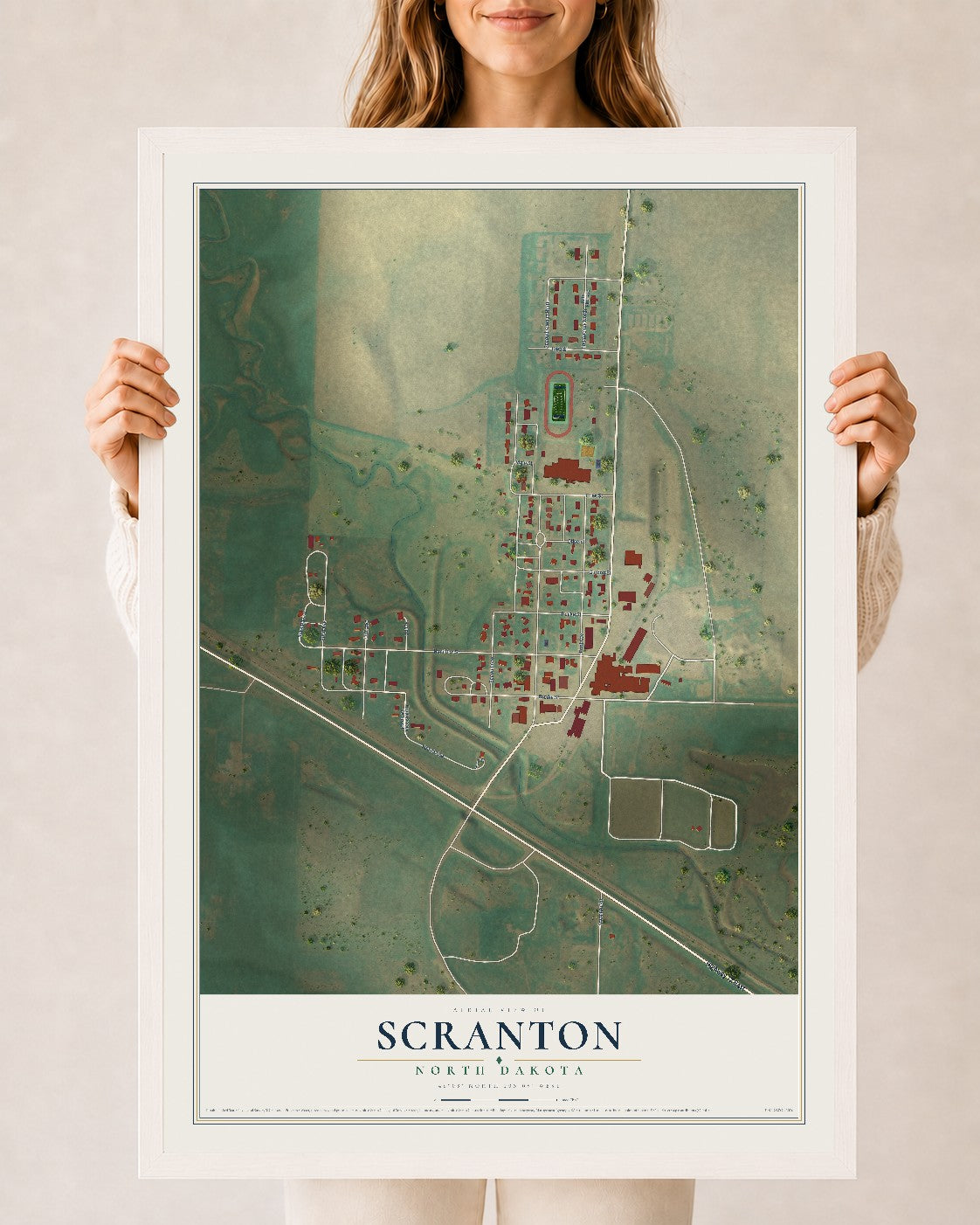Map of Scranton, North Dakota, 24 x 36 inch print in a white wood frame