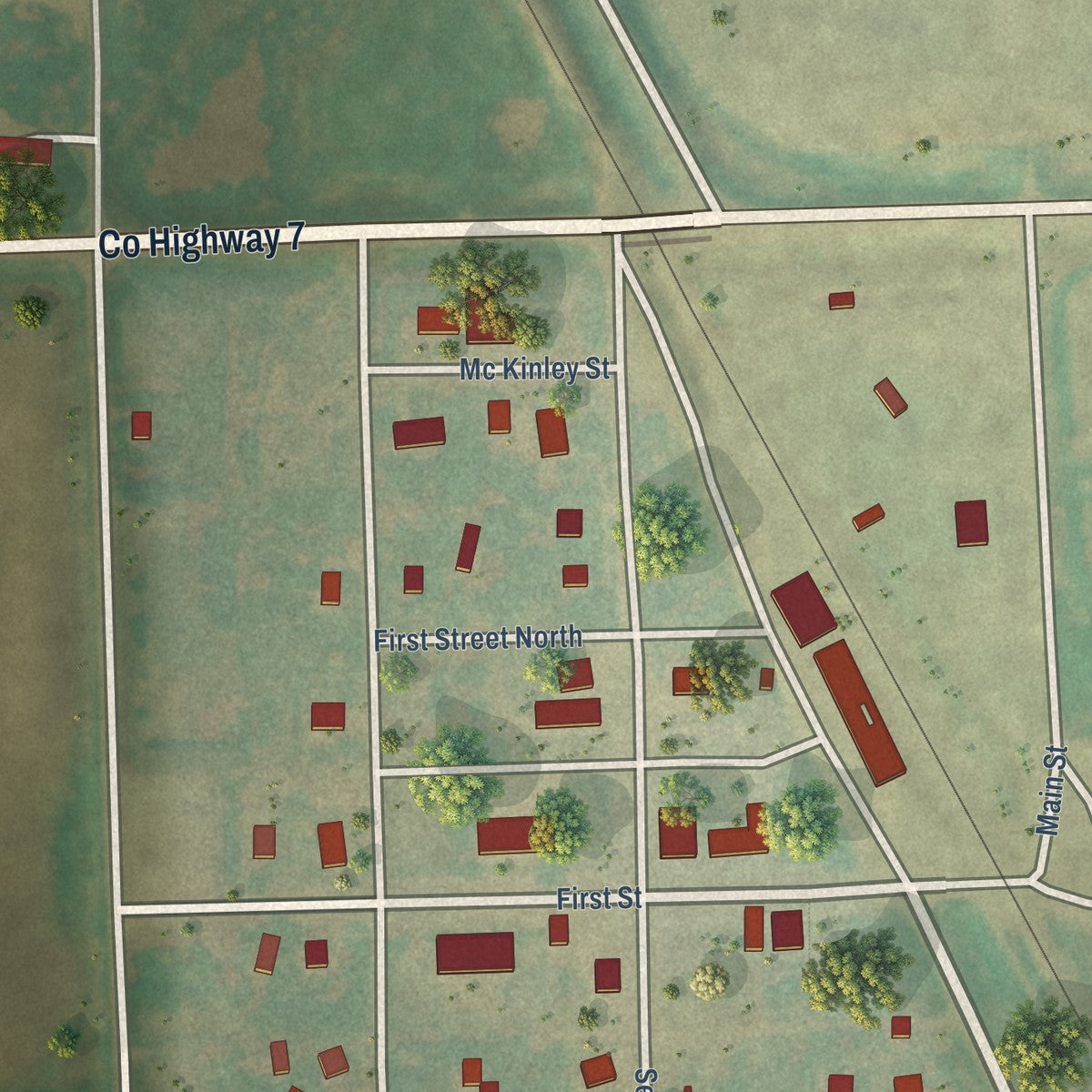 Close-up of the map of Sharon, North Dakota print showing street and building detail
