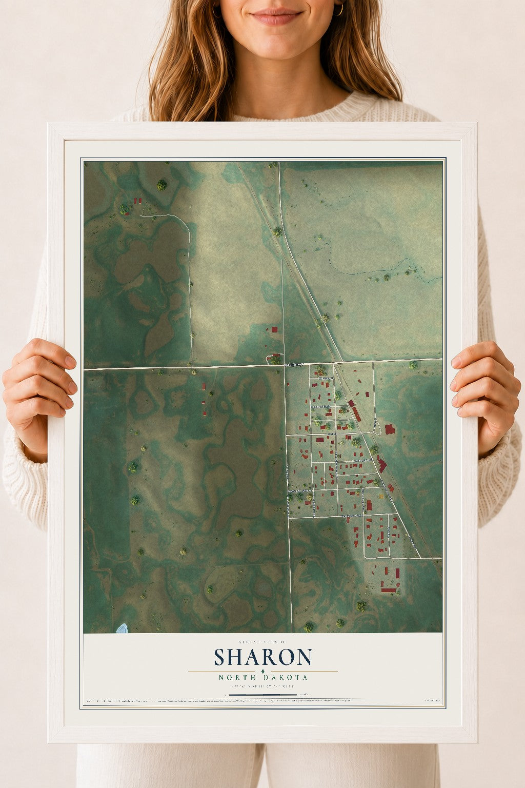 Map of Sharon, North Dakota, 18 x 24 inch print in a white wood frame