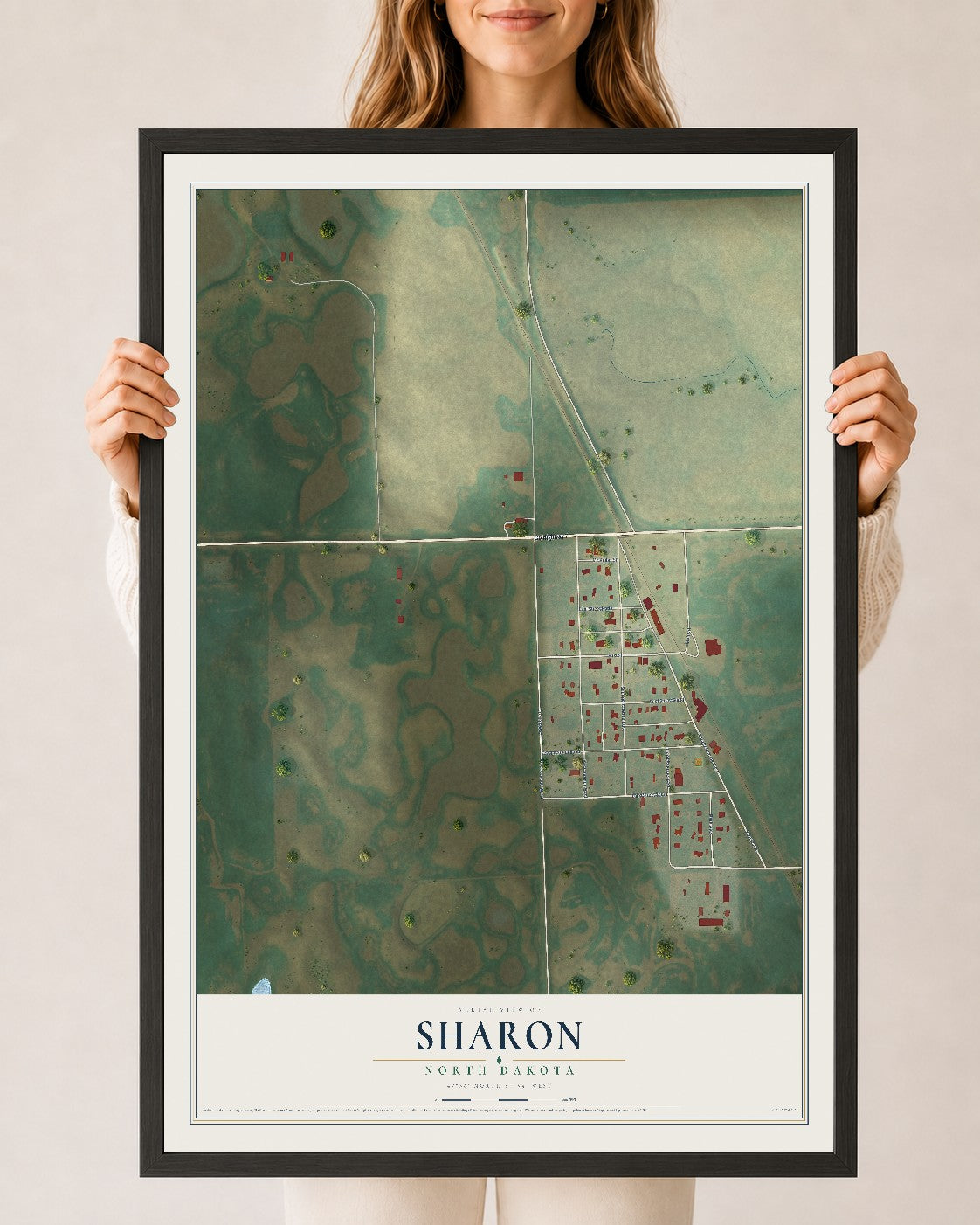Map of Sharon, North Dakota, 24 x 36 inch print in a black wood frame