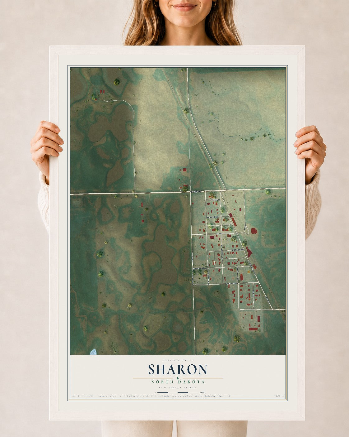 Map of Sharon, North Dakota, 24 x 36 inch print in a white wood frame