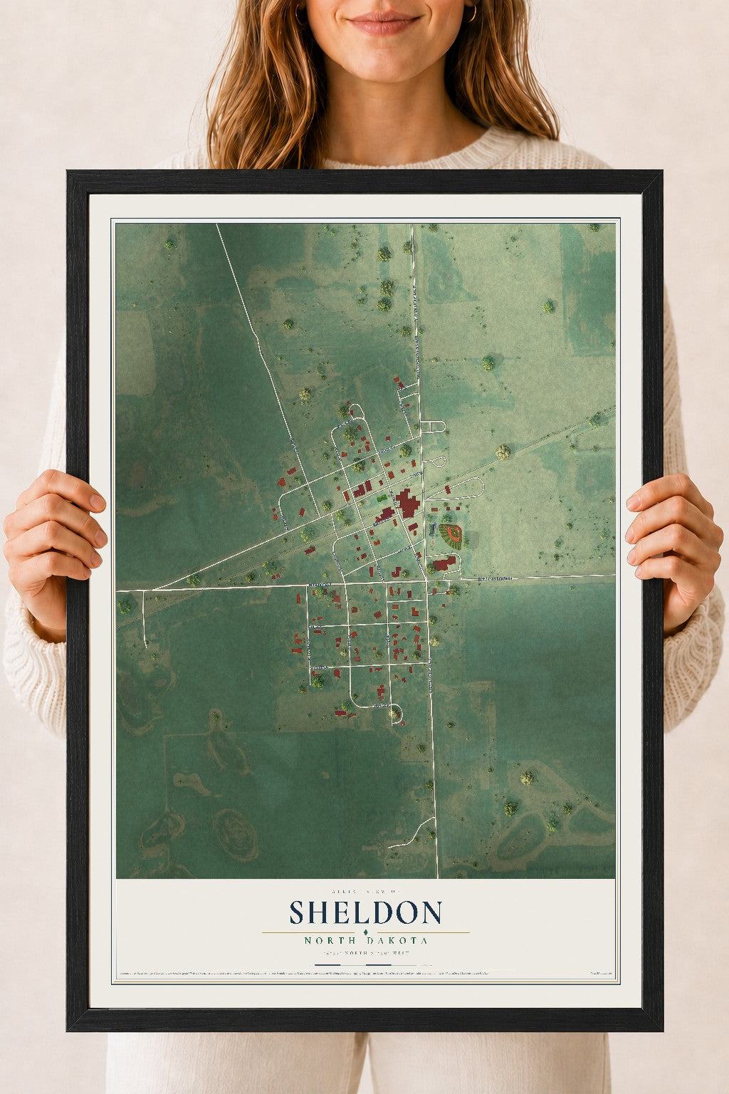 Map of Sheldon, North Dakota, 18 x 24 inch print in a black wood frame