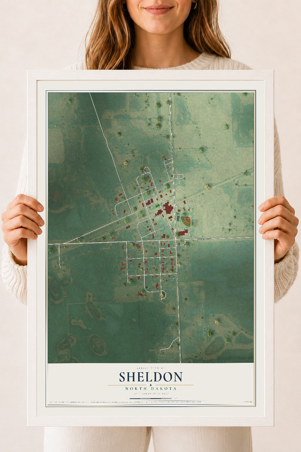 Map of Sheldon, North Dakota, 18 x 24 inch print in a white wood frame