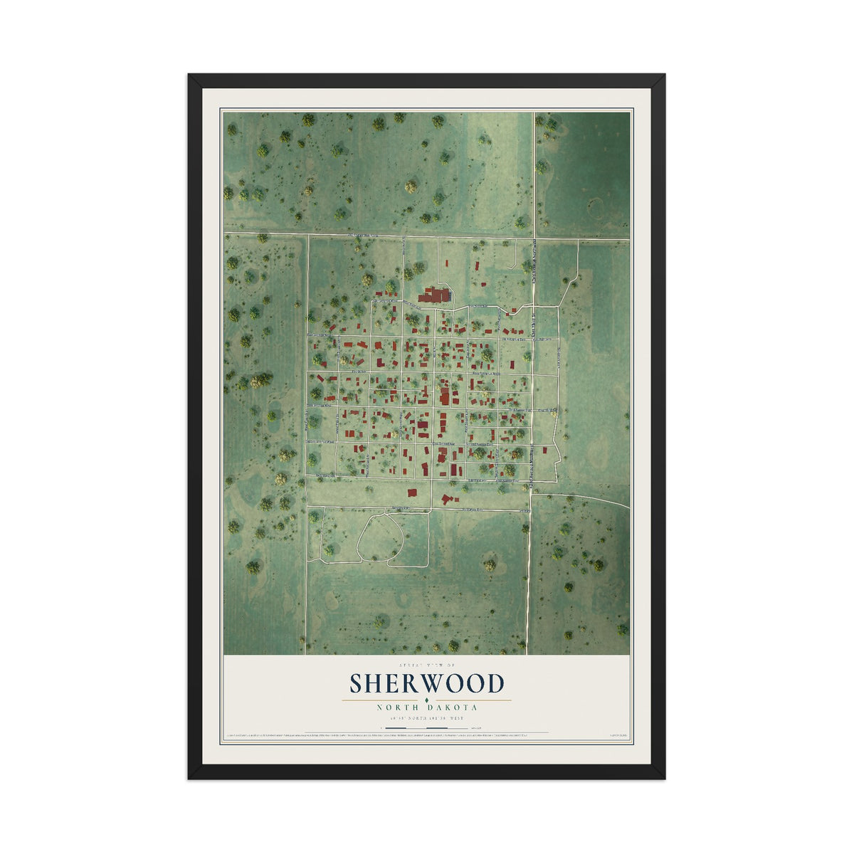 Map of Sherwood, North Dakota, 12 x 18 inch print in a black wood frame