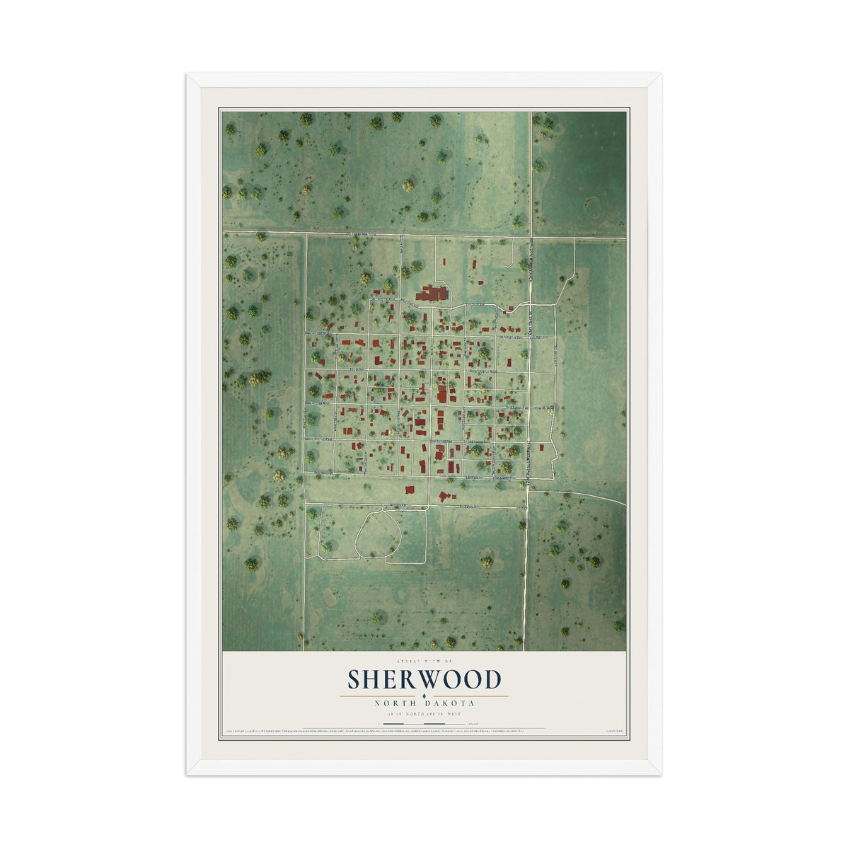 Map of Sherwood, North Dakota, 12 x 18 inch print in a white wood frame