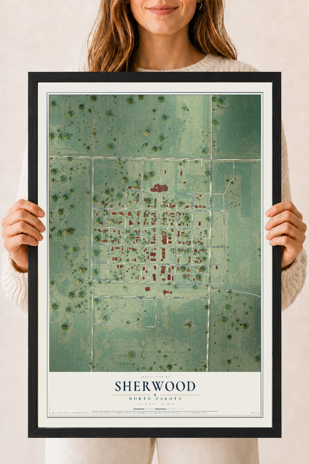 Map of Sherwood, North Dakota, 18 x 24 inch print in a black wood frame