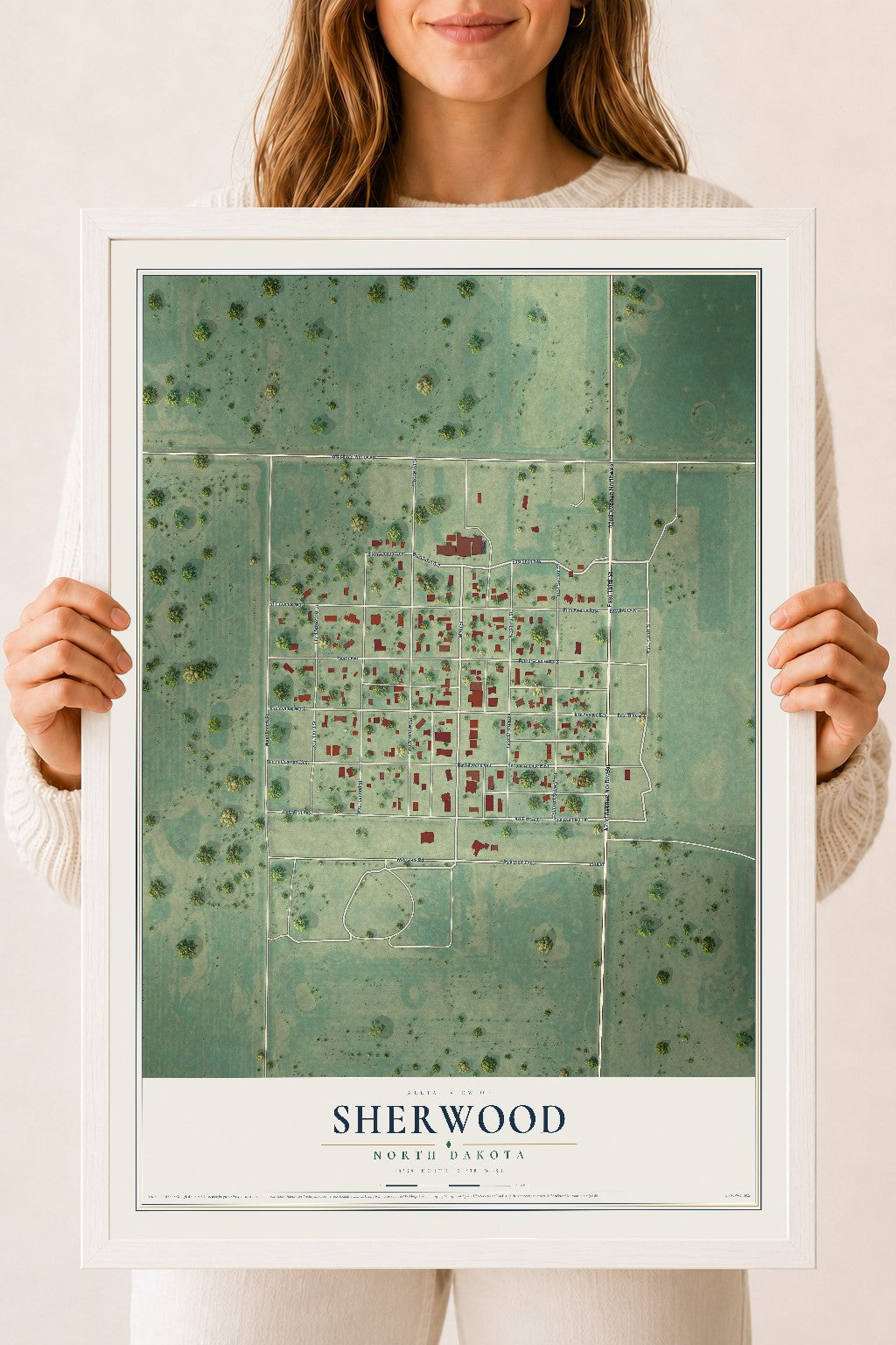 Map of Sherwood, North Dakota, 18 x 24 inch print in a white wood frame
