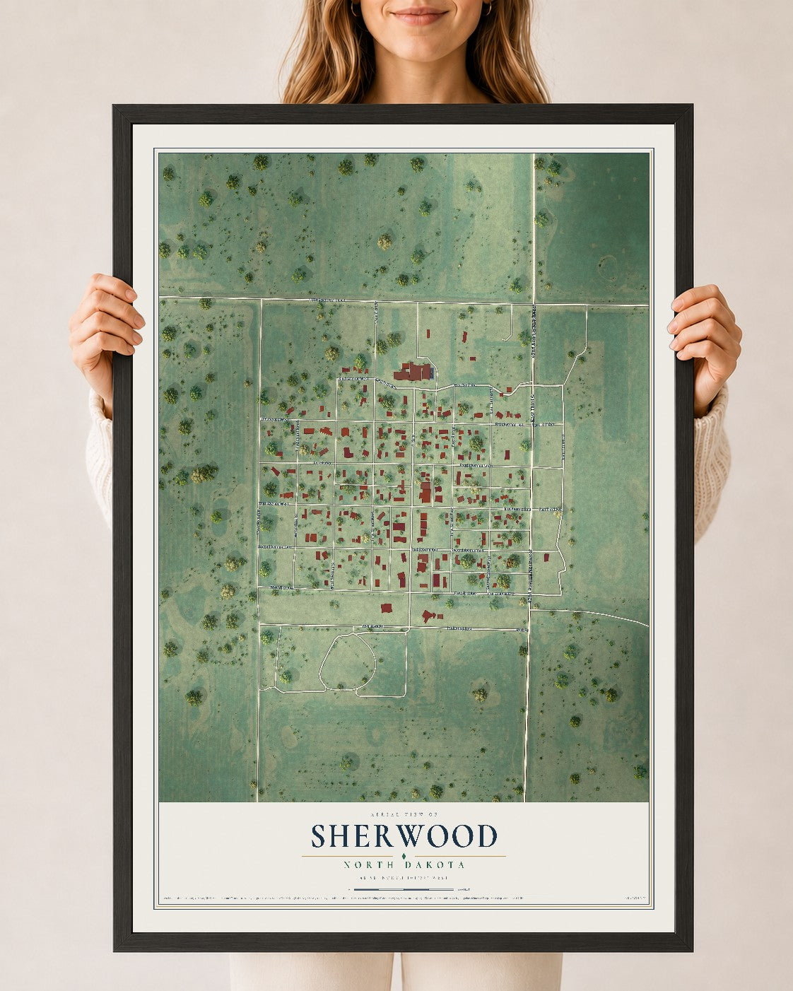 Map of Sherwood, North Dakota, 24 x 36 inch print in a black wood frame
