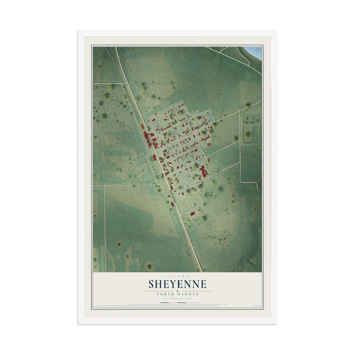 Map of Sheyenne, North Dakota, 12 x 18 inch print in a white wood frame