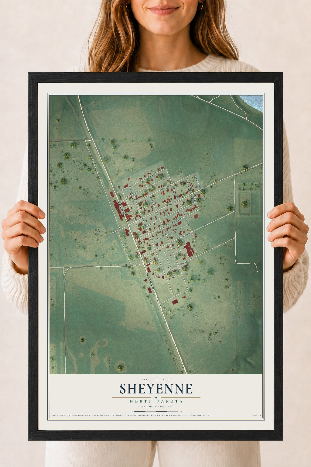 Map of Sheyenne, North Dakota, 18 x 24 inch print in a black wood frame