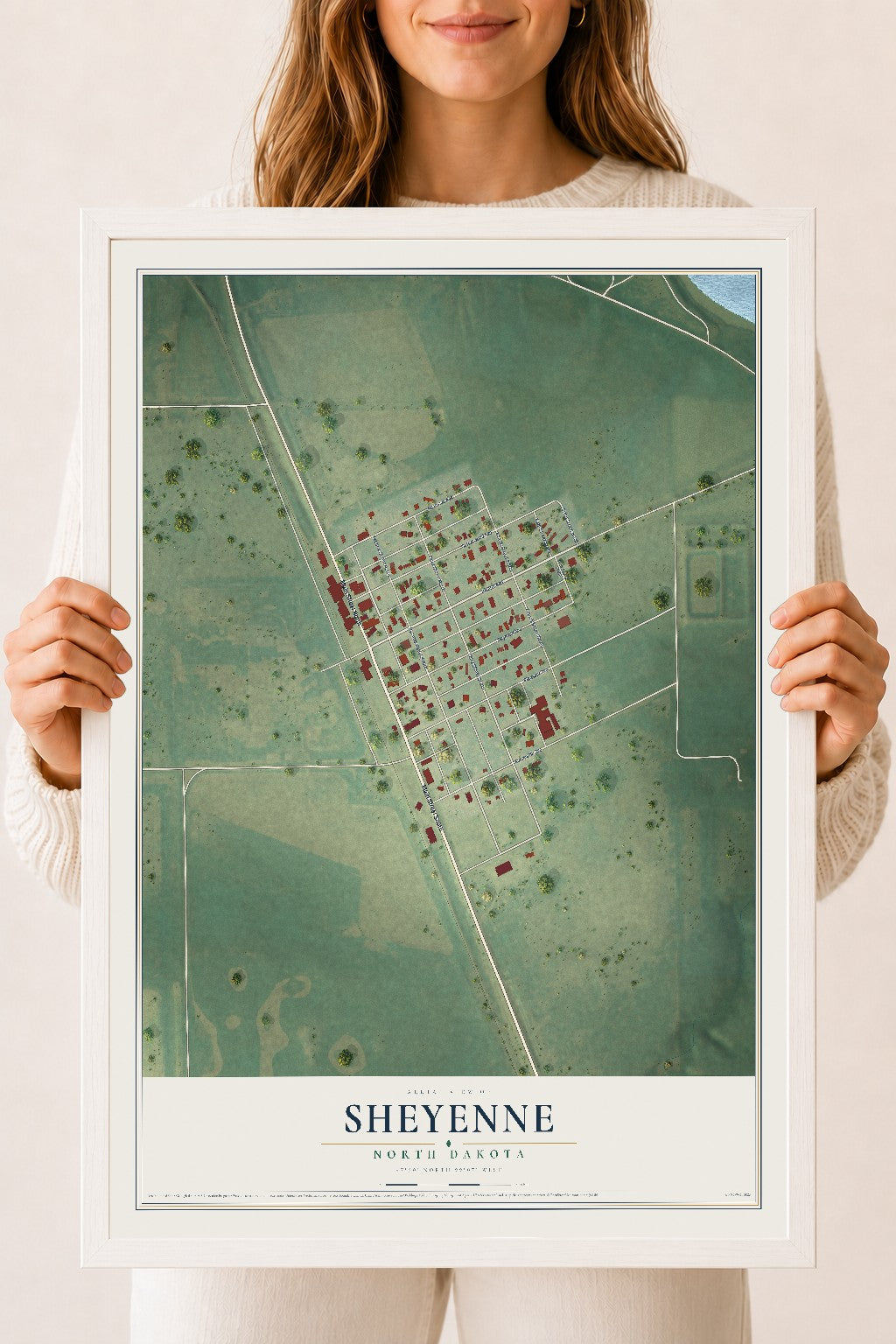 Map of Sheyenne, North Dakota, 18 x 24 inch print in a white wood frame
