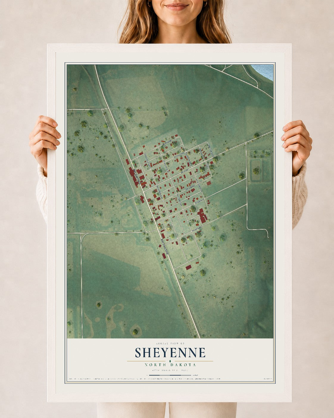 Map of Sheyenne, North Dakota, 24 x 36 inch print in a white wood frame