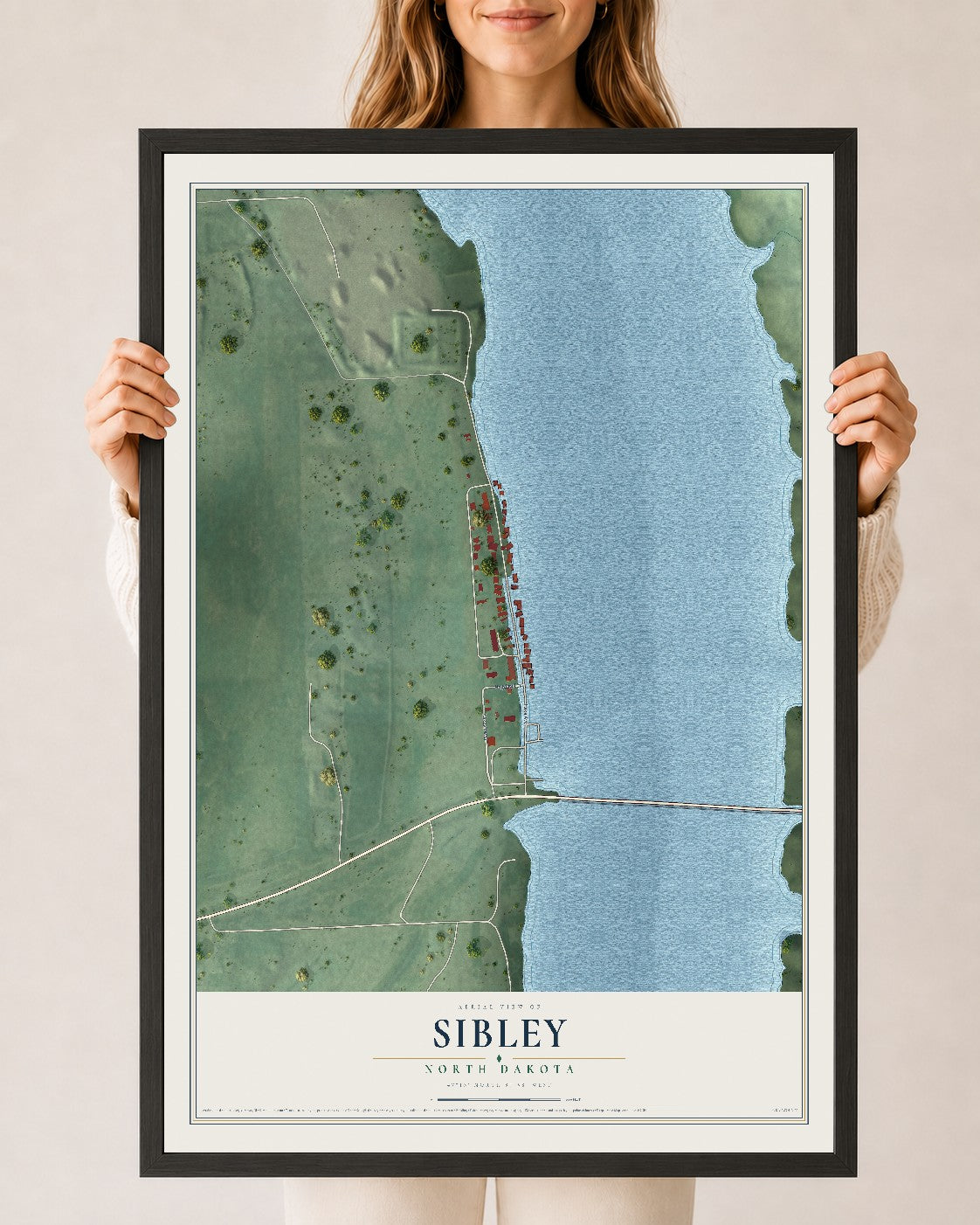 Map of Sibley, North Dakota, 24 x 36 inch print in a black wood frame