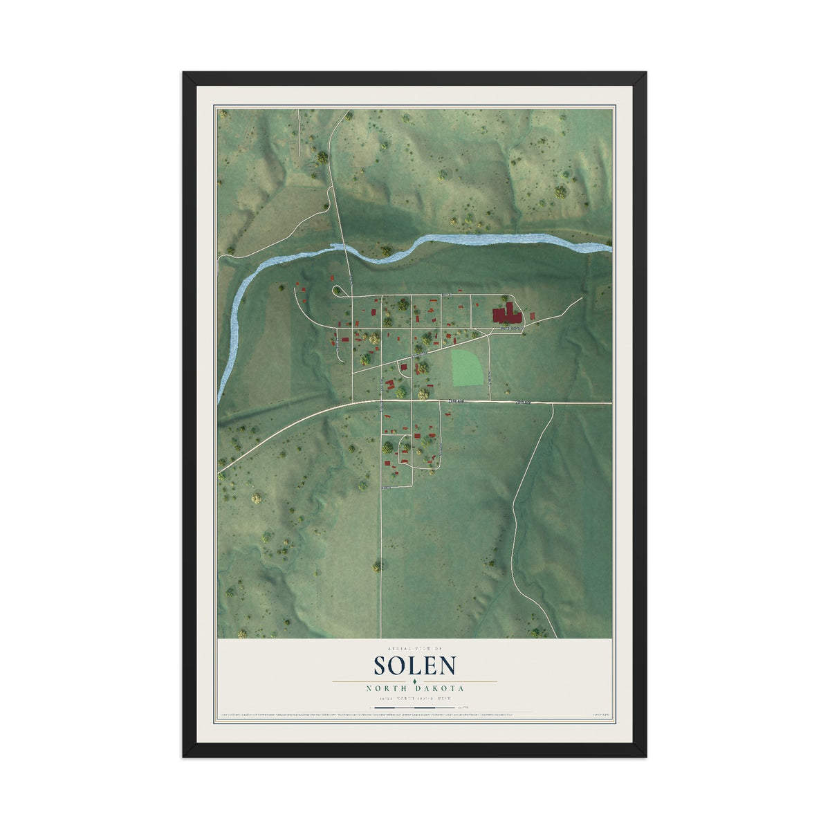 Map of Solen, North Dakota, 12 x 18 inch print in a black wood frame