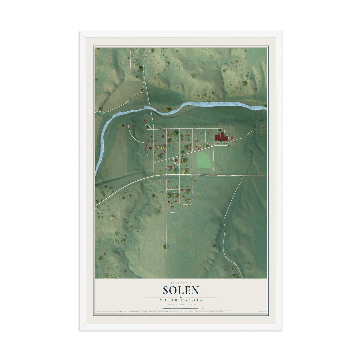 Map of Solen, North Dakota, 12 x 18 inch print in a white wood frame