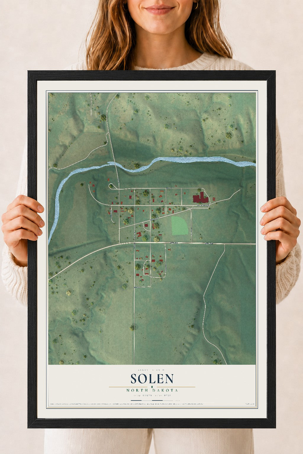 Map of Solen, North Dakota, 18 x 24 inch print in a black wood frame
