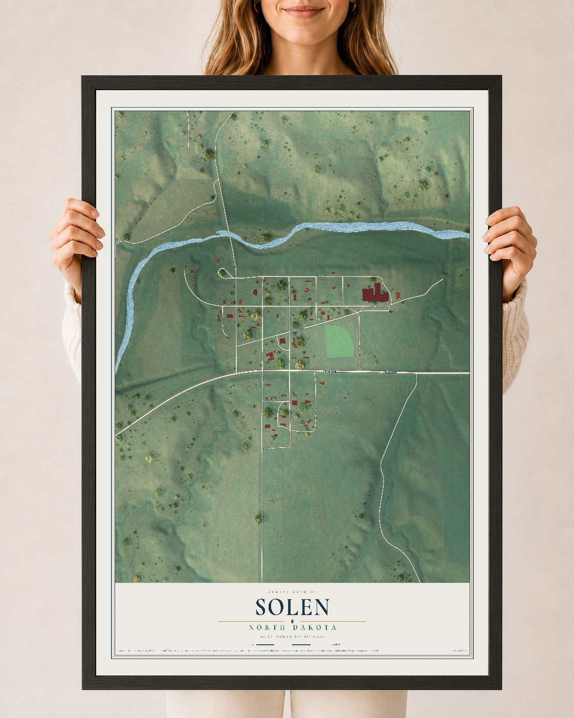 Map of Solen, North Dakota, 24 x 36 inch print in a black wood frame