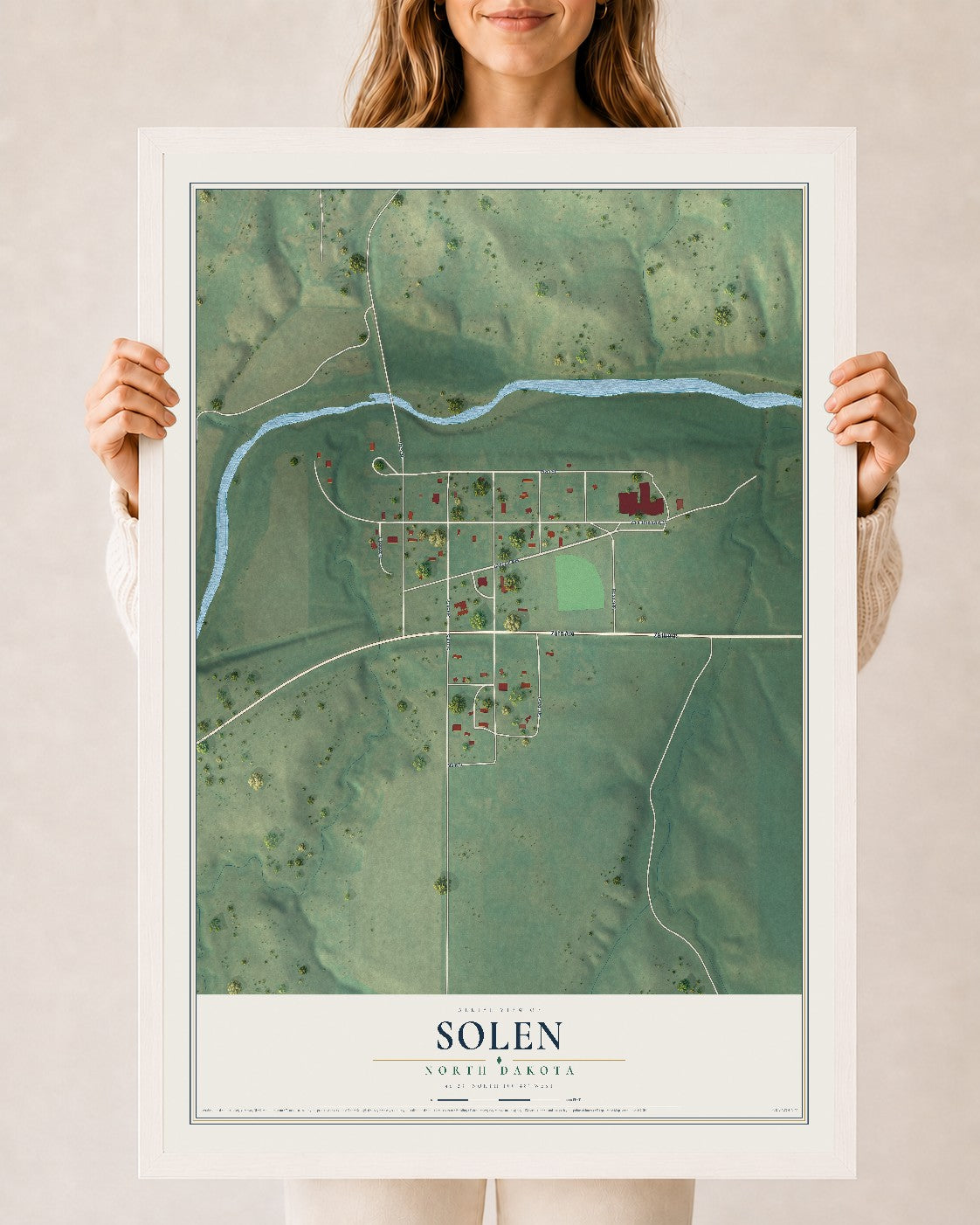 Map of Solen, North Dakota, 24 x 36 inch print in a white wood frame