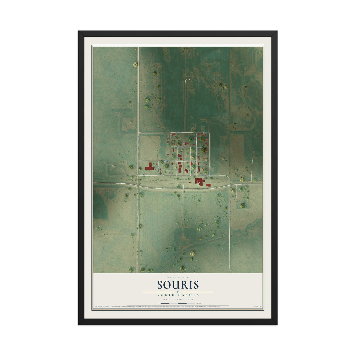 Map of Souris, North Dakota, 12 x 18 inch print in a black wood frame