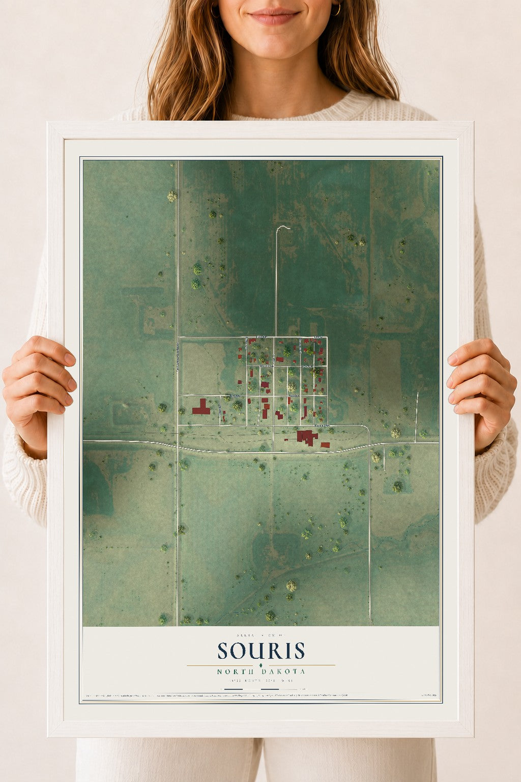 Map of Souris, North Dakota, 18 x 24 inch print in a white wood frame