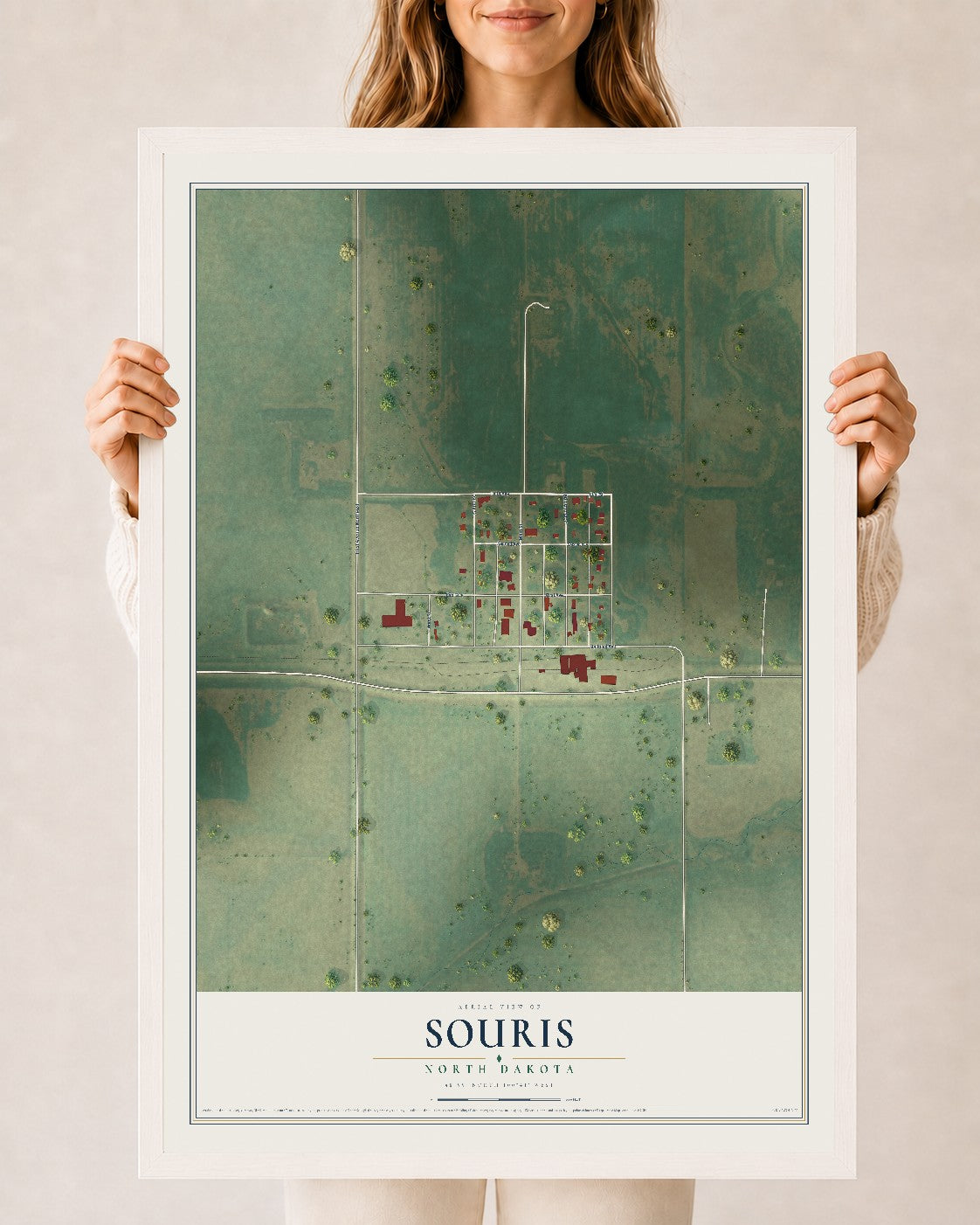 Map of Souris, North Dakota, 24 x 36 inch print in a white wood frame