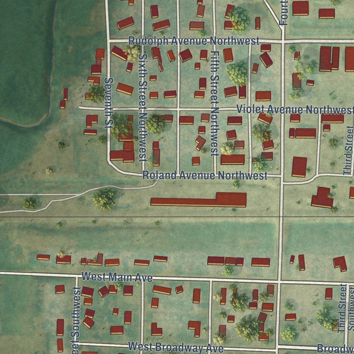Close-up of the map of South Heart, North Dakota print showing street and building detail