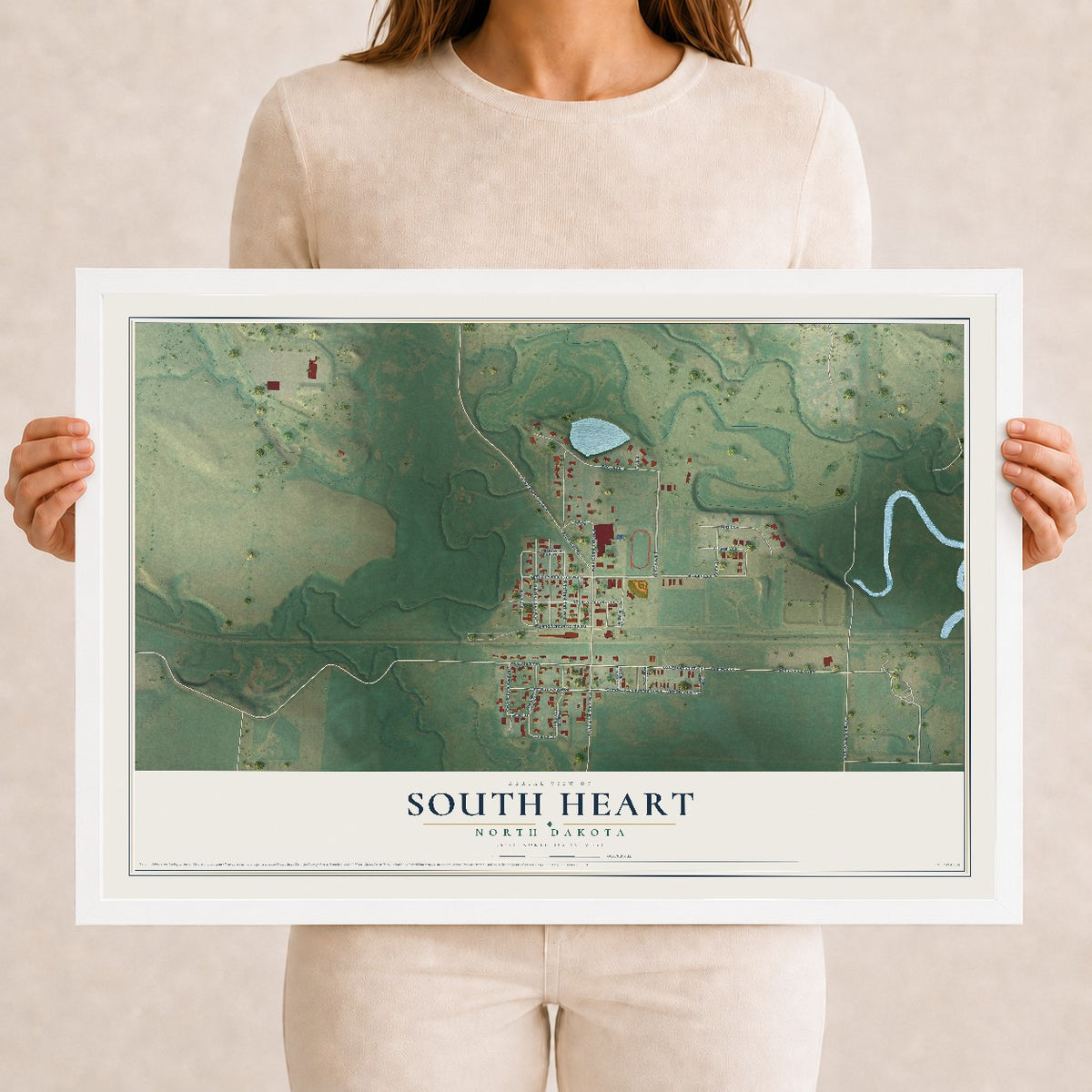 Map of South Heart, North Dakota, 12 x 18 inch print in a white wood frame