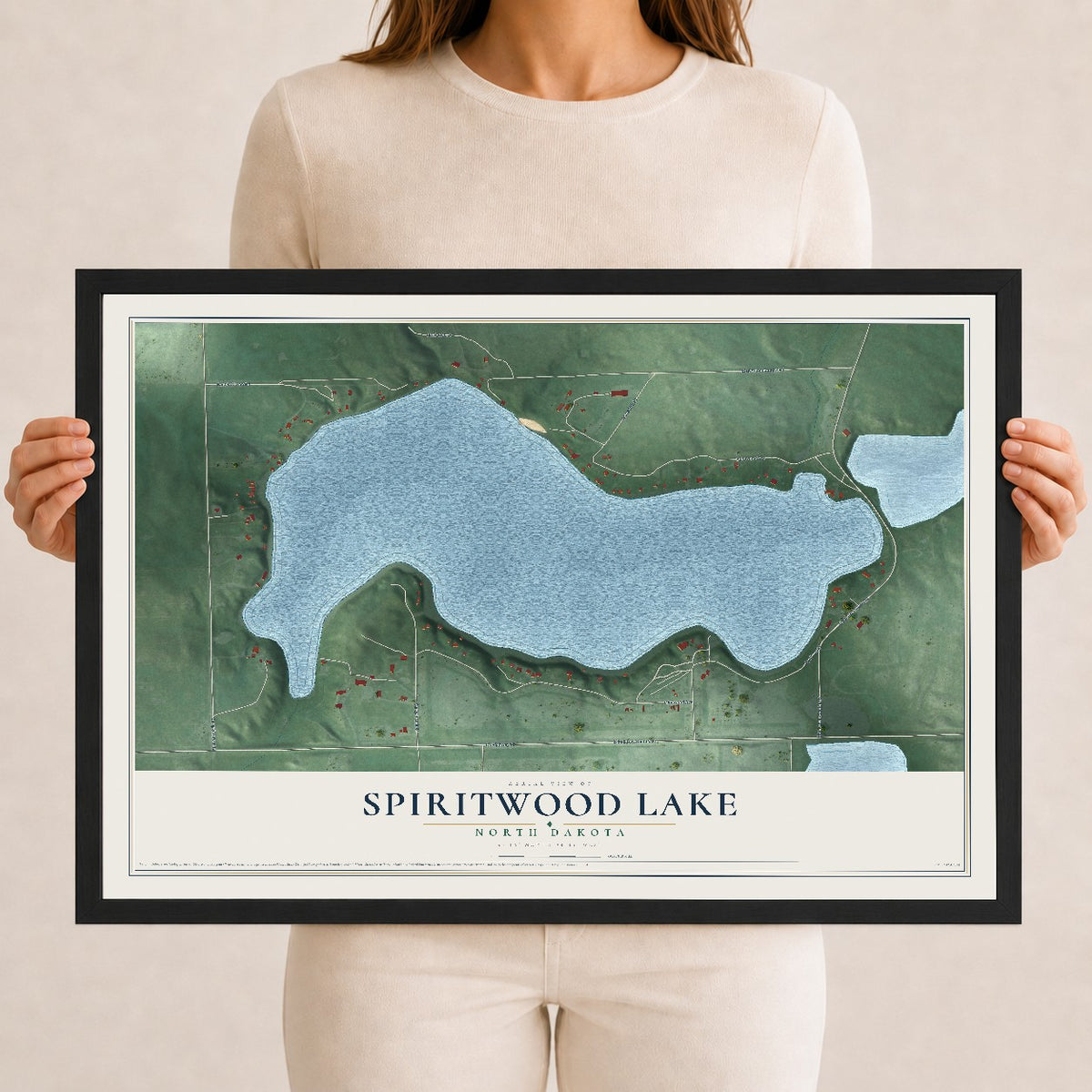 Map of Spiritwood Lake, North Dakota, 12 x 18 inch print in a black wood frame
