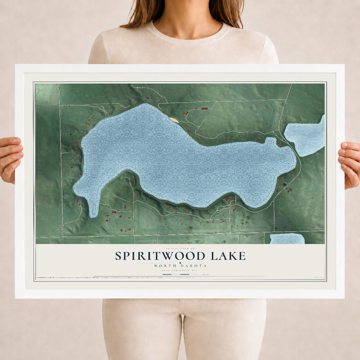 Map of Spiritwood Lake, North Dakota, 18 x 24 inch print in a white wood frame