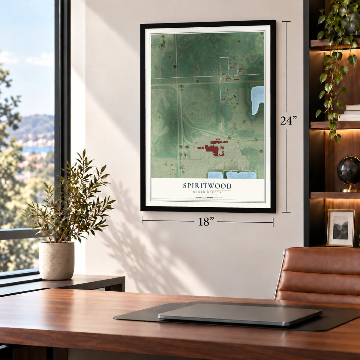 Spiritwood, North Dakota map, 18 x 24 inch print in a black frame in a home office