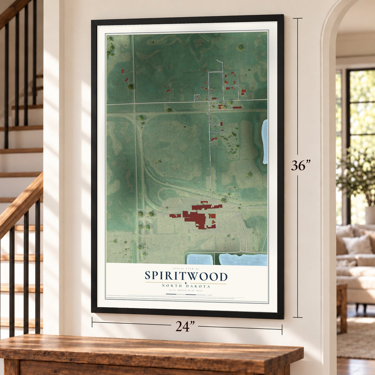 Spiritwood, North Dakota map, 24 x 36 inch print in a black frame by a staircase