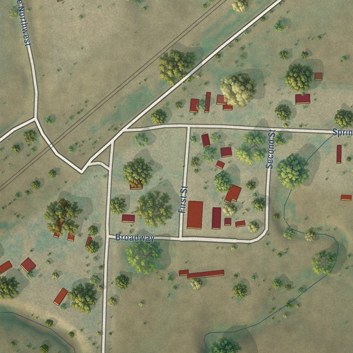 Close-up of the map of Springbrook, North Dakota print showing street and building detail