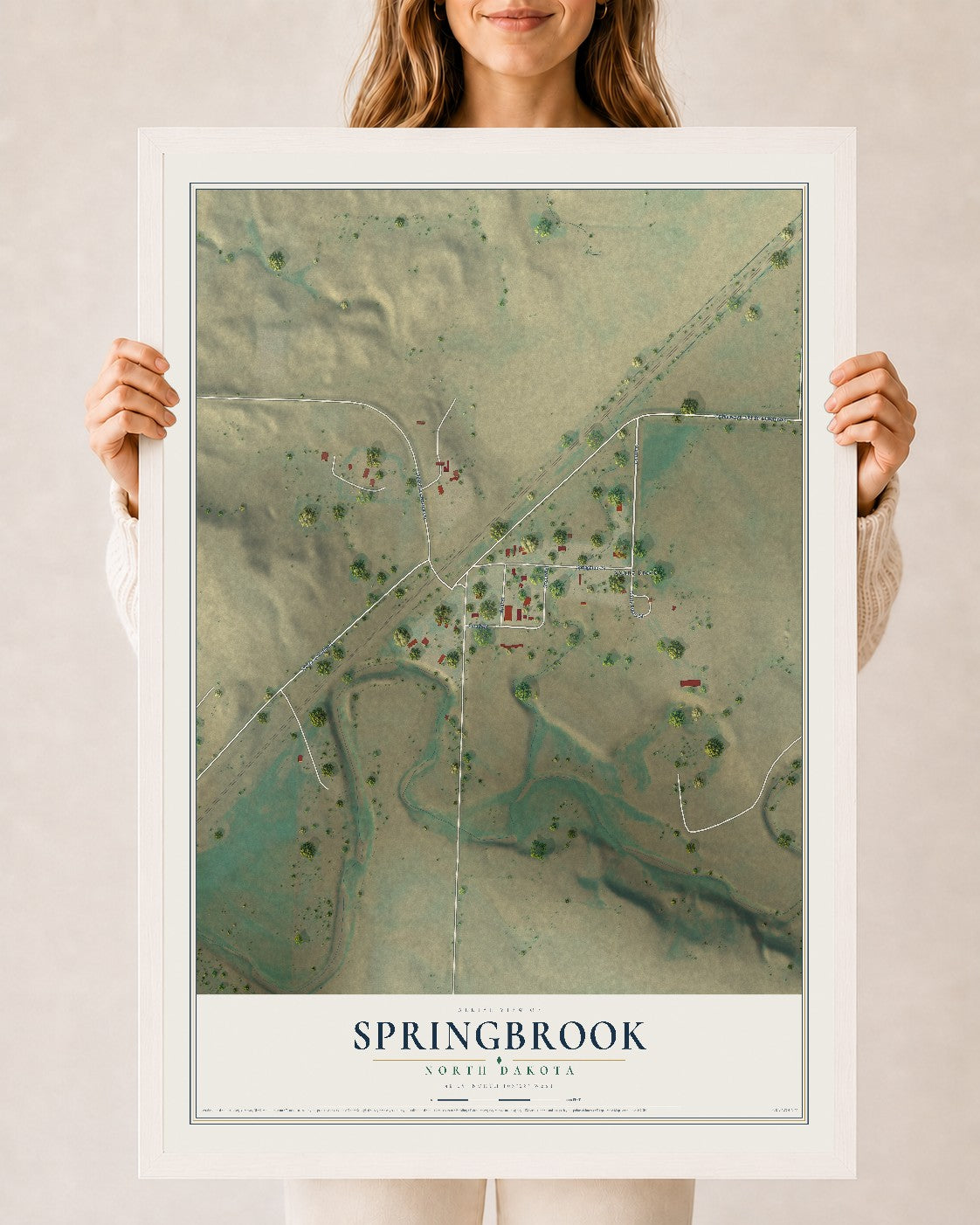 Map of Springbrook, North Dakota, 24 x 36 inch print in a white wood frame