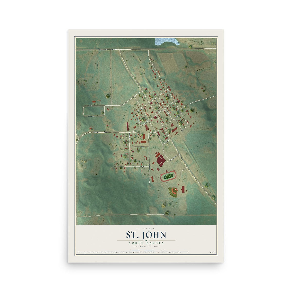 Map of St. John, North Dakota, 12 x 18 inch unframed archival matte print