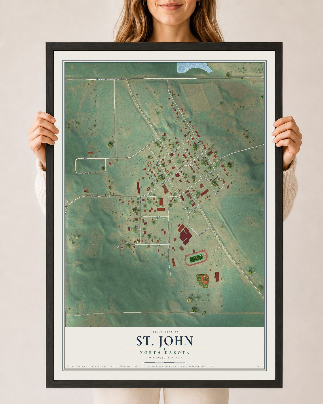 Map of St. John, North Dakota, 24 x 36 inch print in a black wood frame