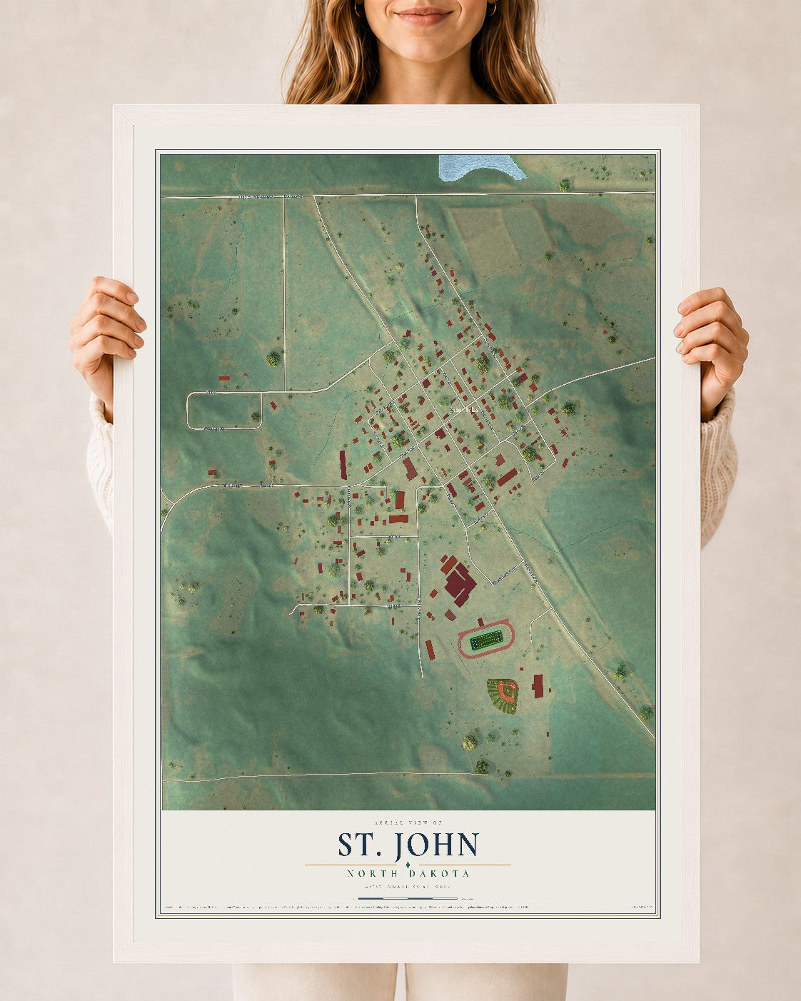 Map of St. John, North Dakota, 24 x 36 inch print in a white wood frame
