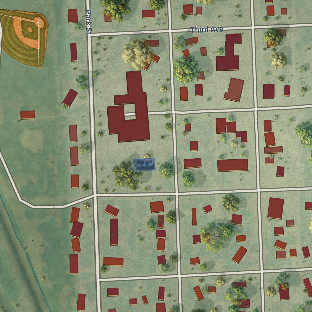 Close-up of the map of St. Thomas, North Dakota print showing street and building detail