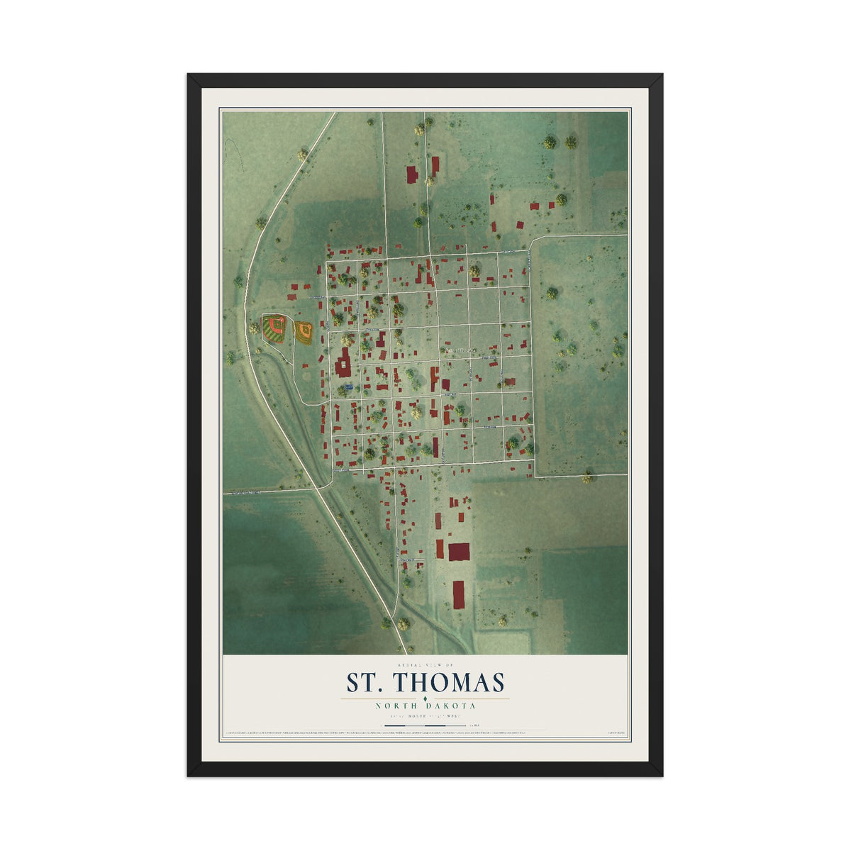 Map of St. Thomas, North Dakota, 12 x 18 inch print in a black wood frame