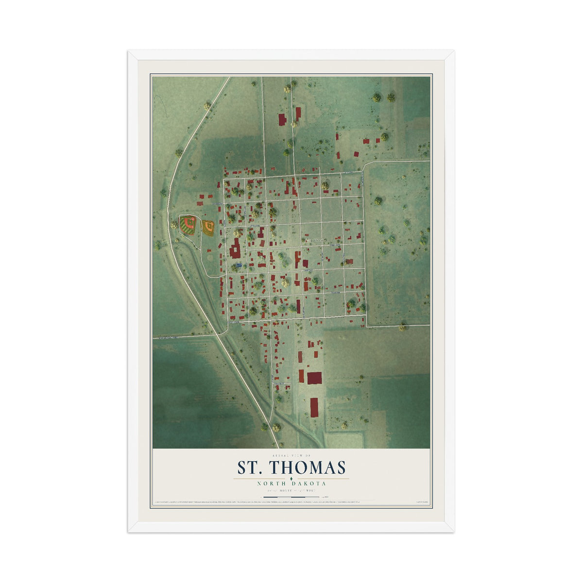 Map of St. Thomas, North Dakota, 12 x 18 inch print in a white wood frame