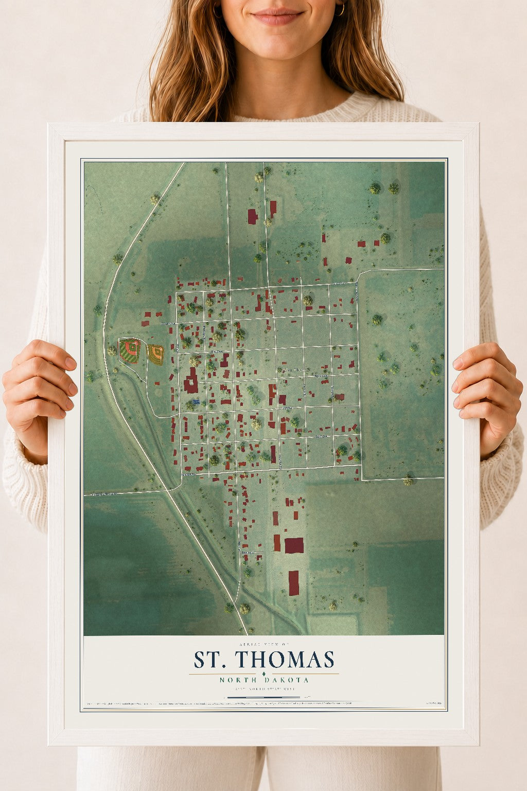 Map of St. Thomas, North Dakota, 18 x 24 inch print in a white wood frame