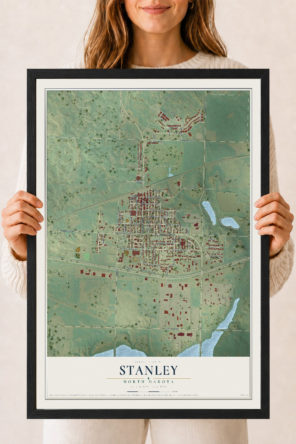 Map of Stanley, North Dakota, 18 x 24 inch print in a black wood frame