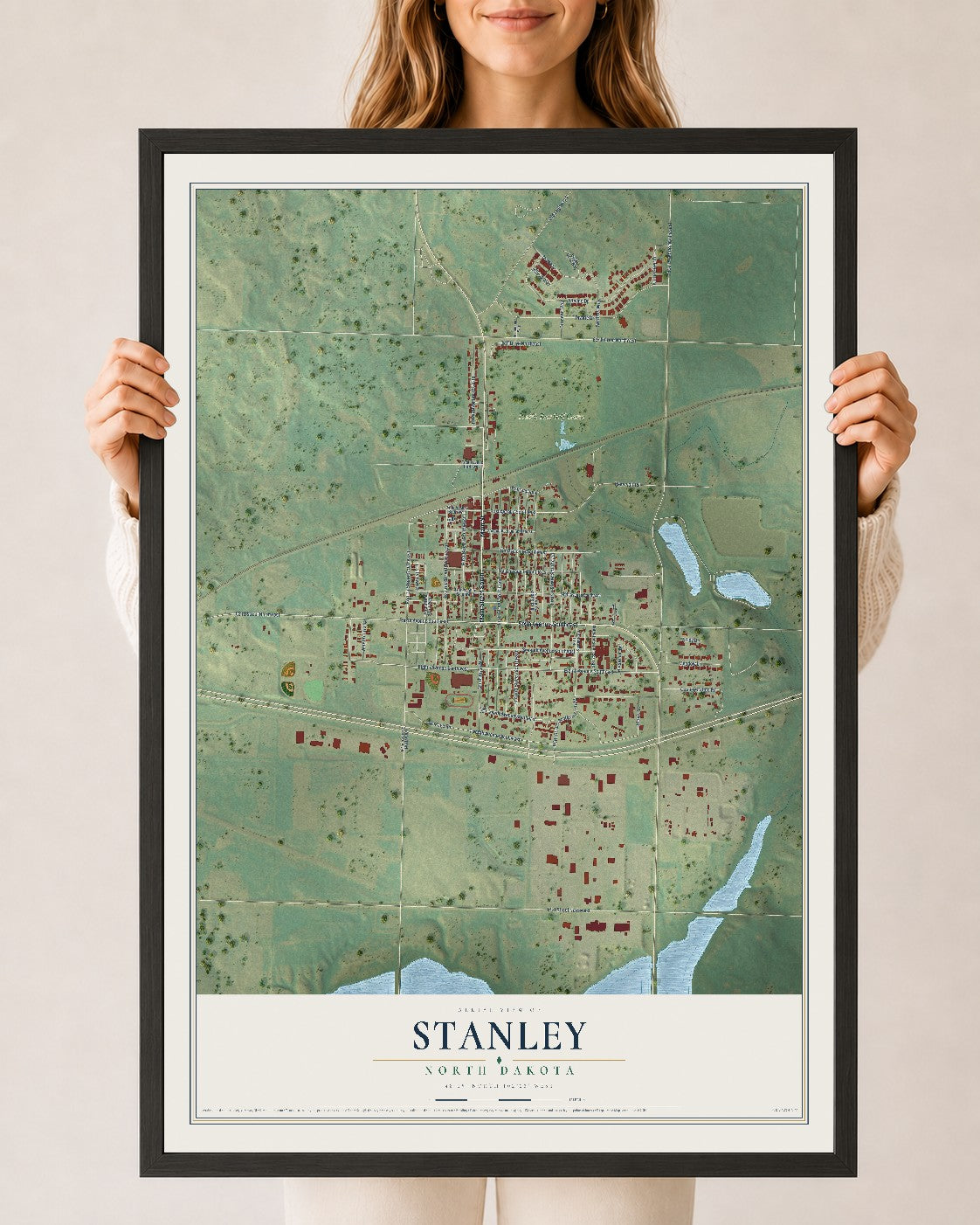 Map of Stanley, North Dakota, 24 x 36 inch print in a black wood frame