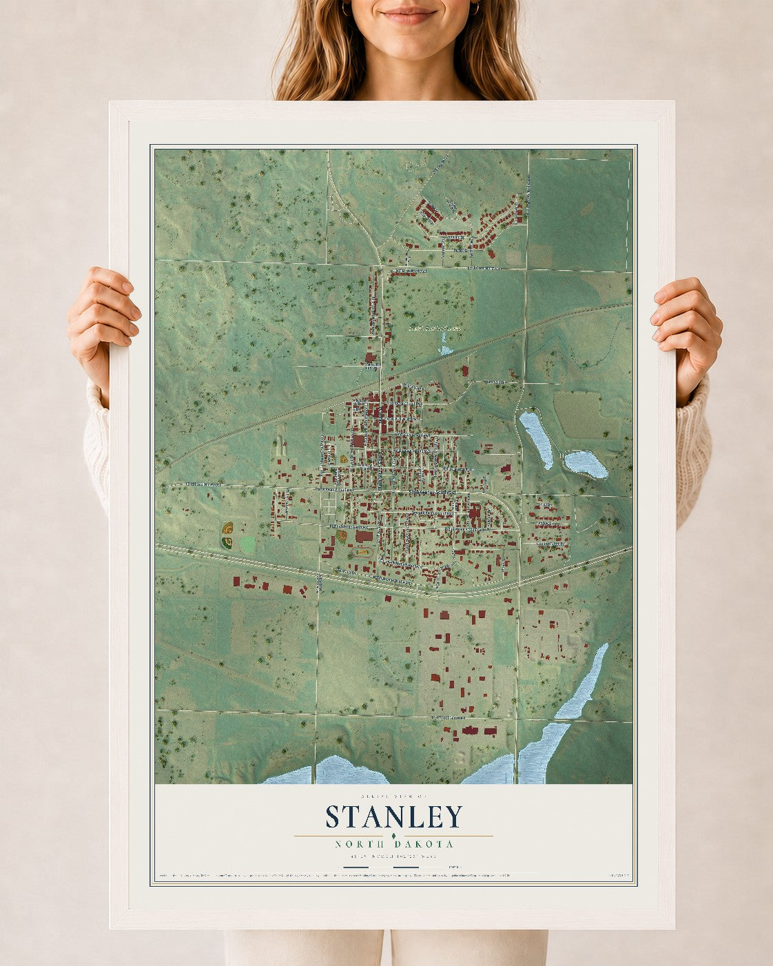 Map of Stanley, North Dakota, 24 x 36 inch print in a white wood frame