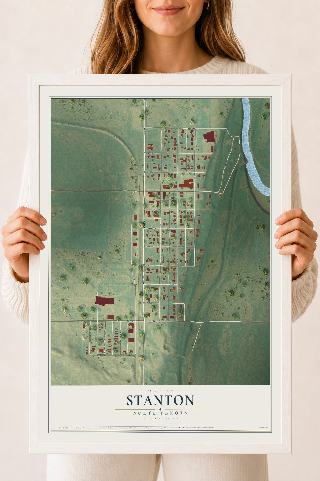 Map of Stanton, North Dakota, 18 x 24 inch print in a white wood frame