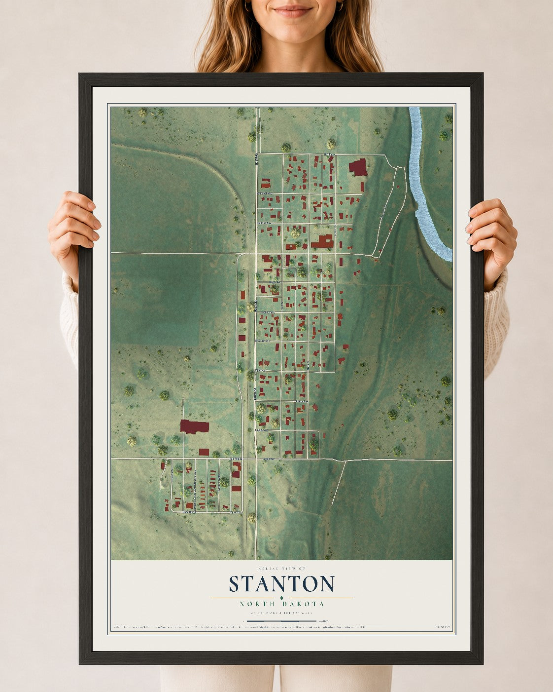Map of Stanton, North Dakota, 24 x 36 inch print in a black wood frame